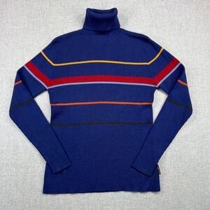 Vintage 80s Obermeyer Kathy Striped Turtleneck Sweater Women M Blue Ski Wool